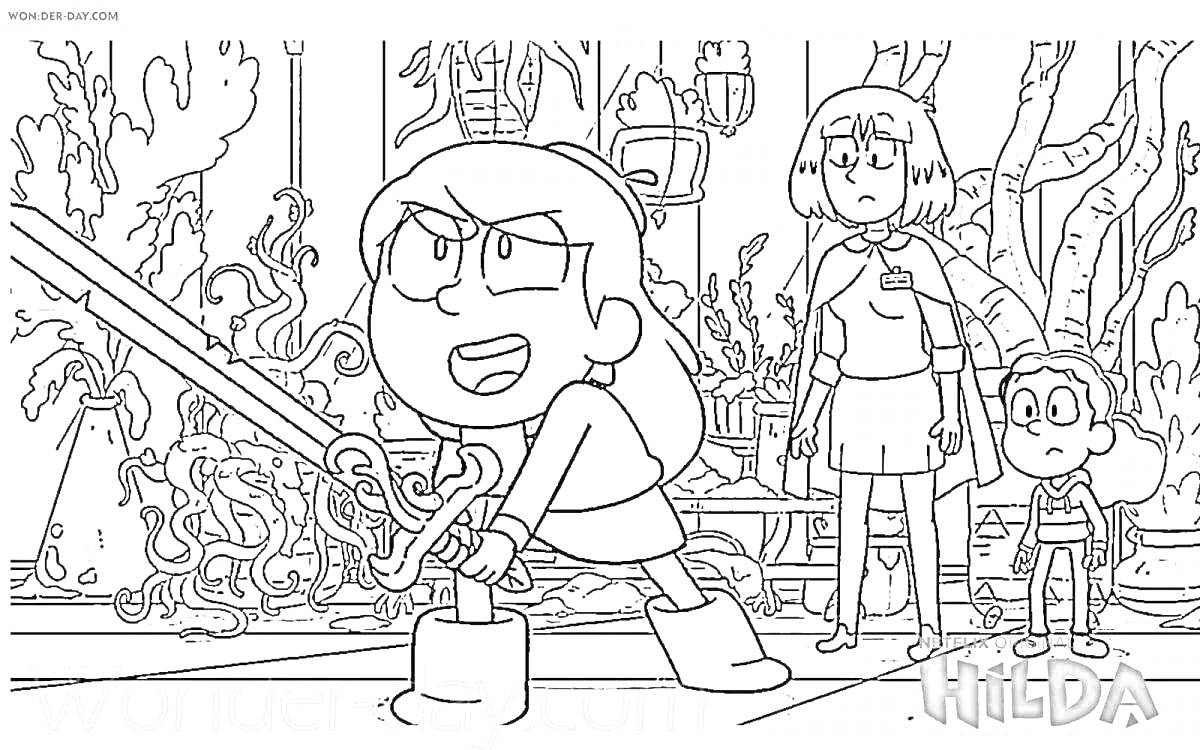 Раскраска Хильда, девочка с мечом, персонажи в лесу