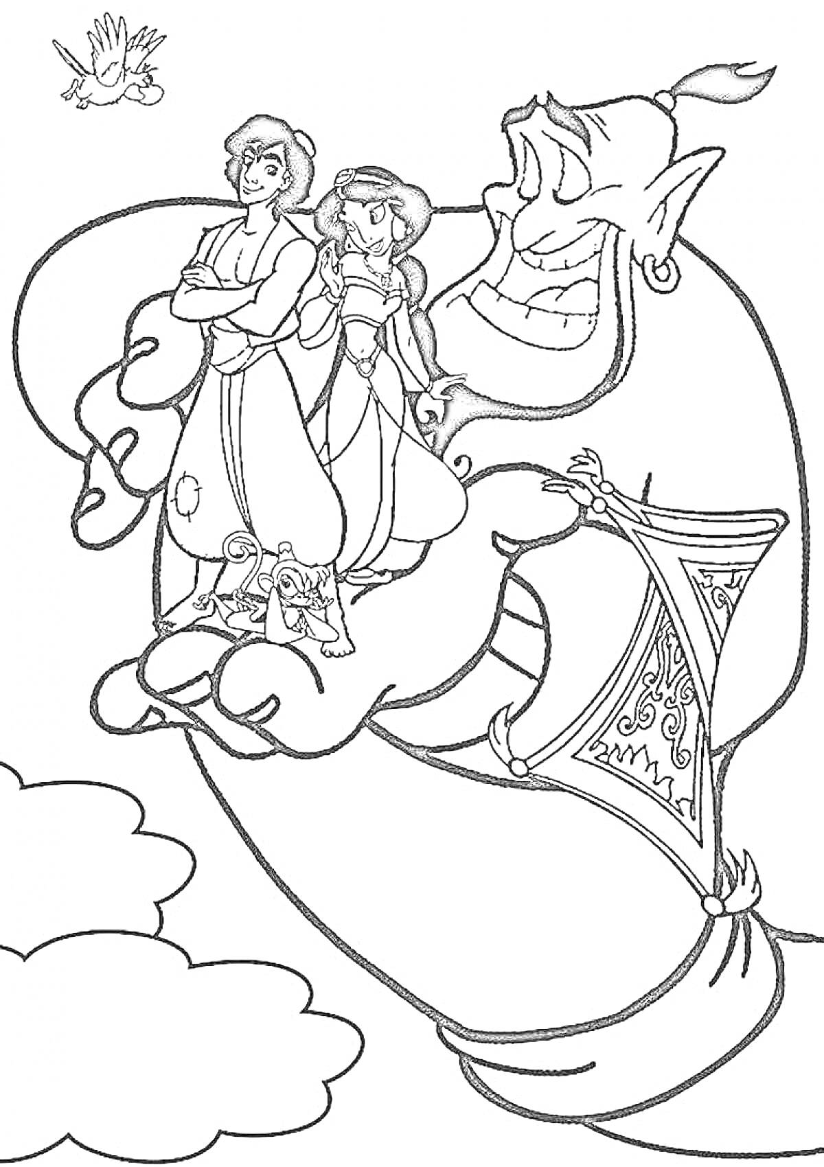Алладин и Жасмин стоят на руке Джинна с ковром-самолетом, птица летит в небе