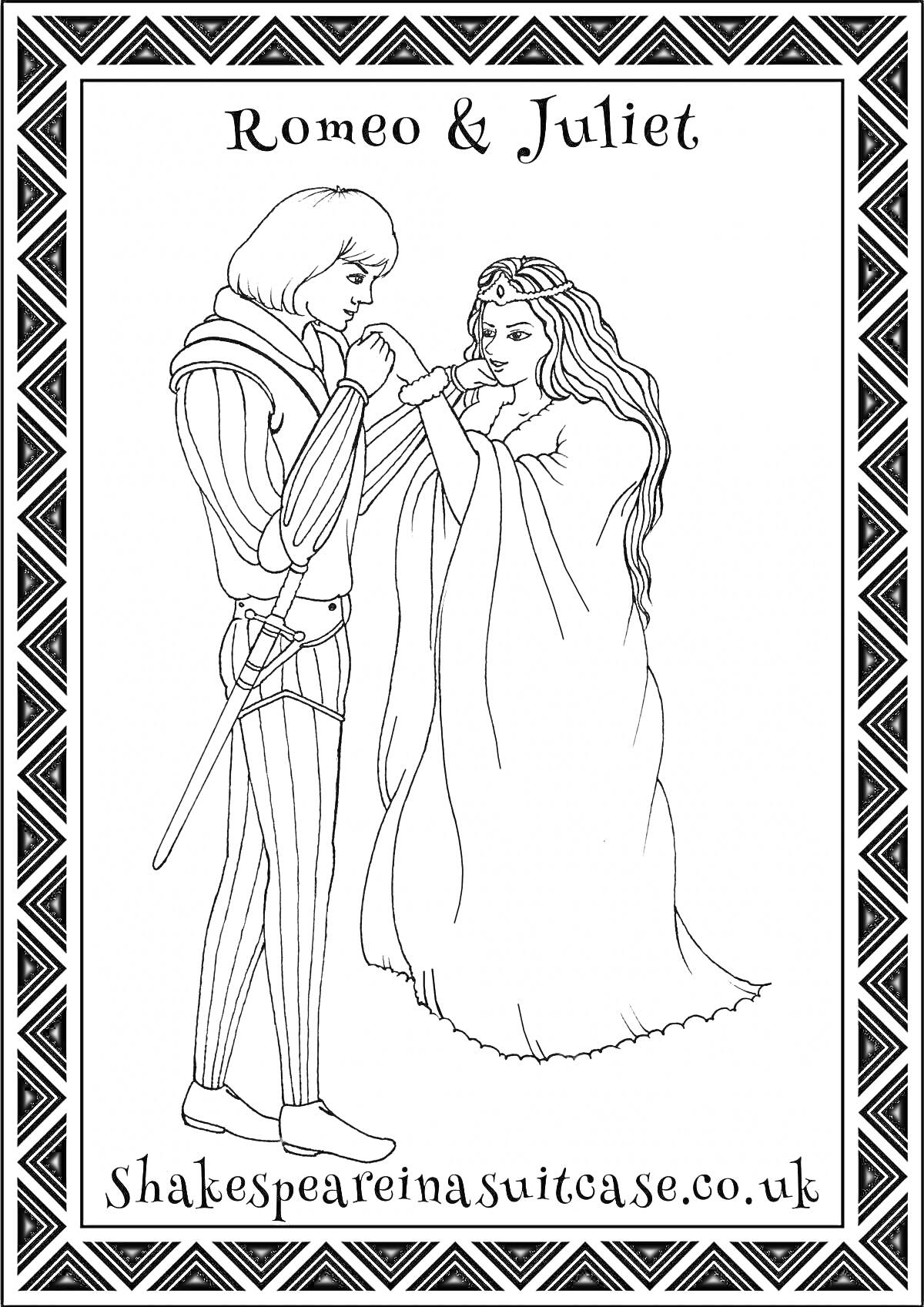 На раскраске изображено: Любовь, Исторический костюм, Шекспир, Романтика, Средневековье