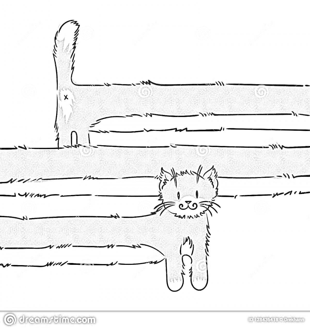 Раскраска Длинный кот с телом, растянутым по горизонтали, нарисованный в стилизованном виде