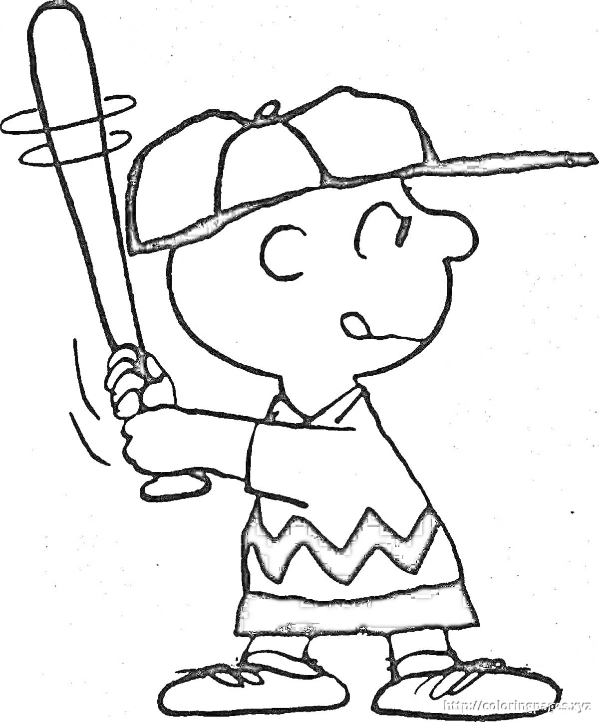 На раскраске изображено: Мальчик, Бейсболка, Бейсбольная бита, Спорт, Карикатура, Радость