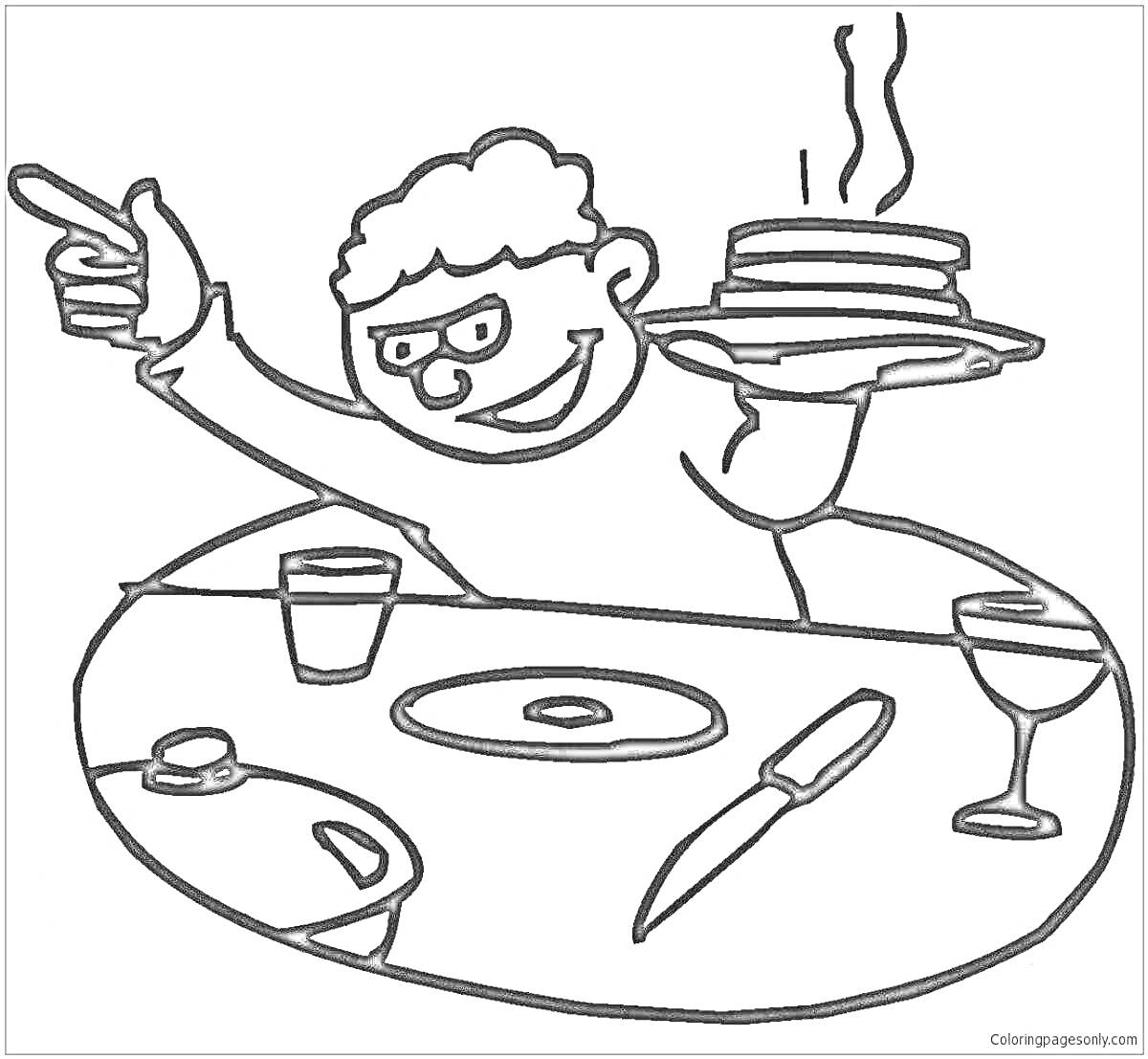 Раскраска Человек с тарелкой блинчиков за столом с ножом, стаканом воды, бокалом вина и тарелкой