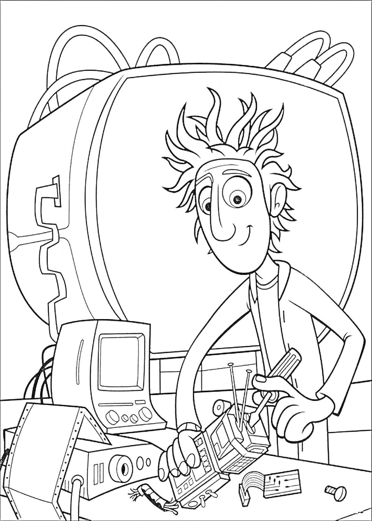 Раскраска Человек с растрепанными волосами, работающий с электроникой на фоне большого устройства