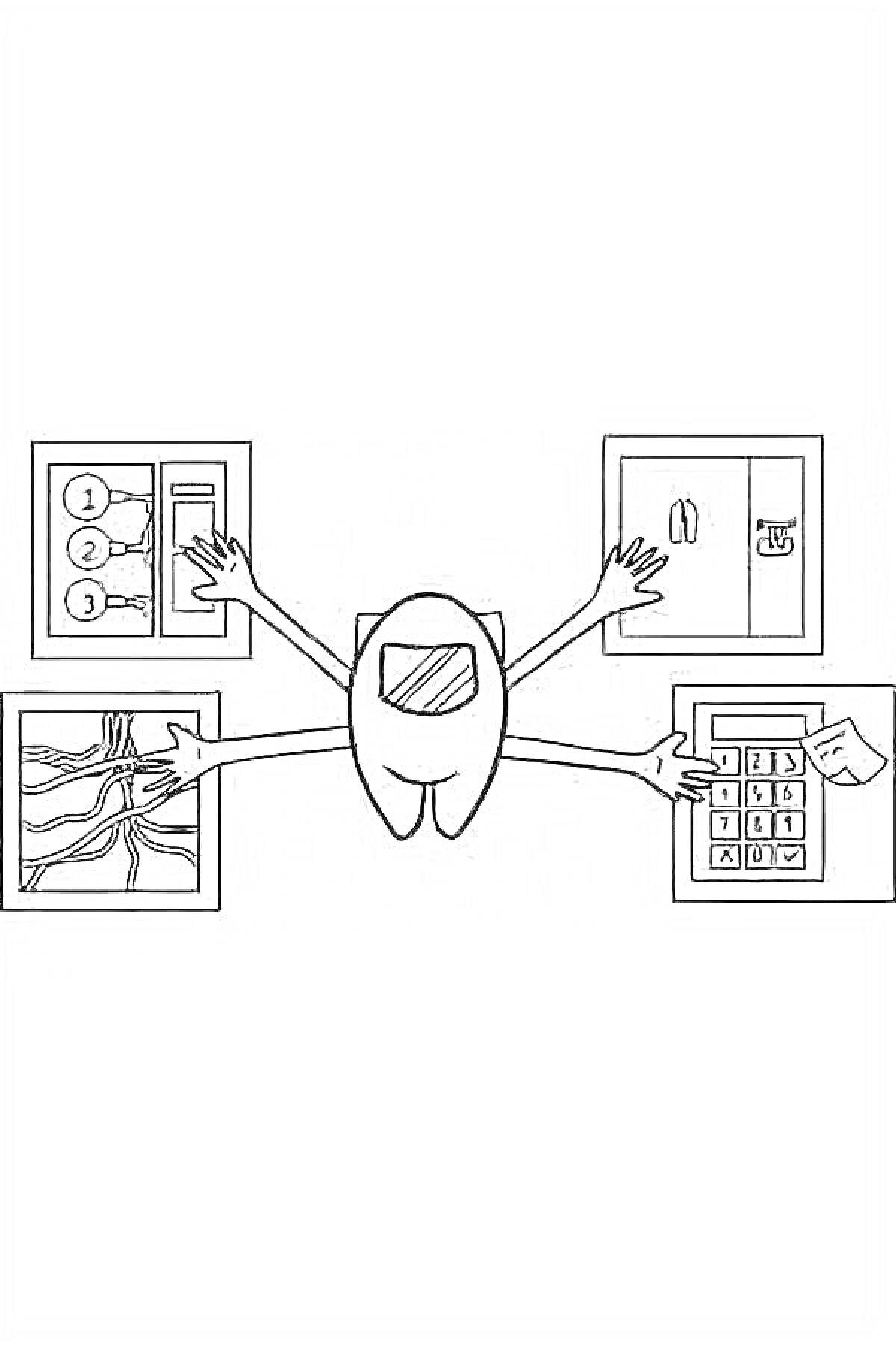 Раскраска Член экипажа выполняет различные задачи на карте Among Us (подключение проводов, загрузка файлов, ввод кода и включение питания)