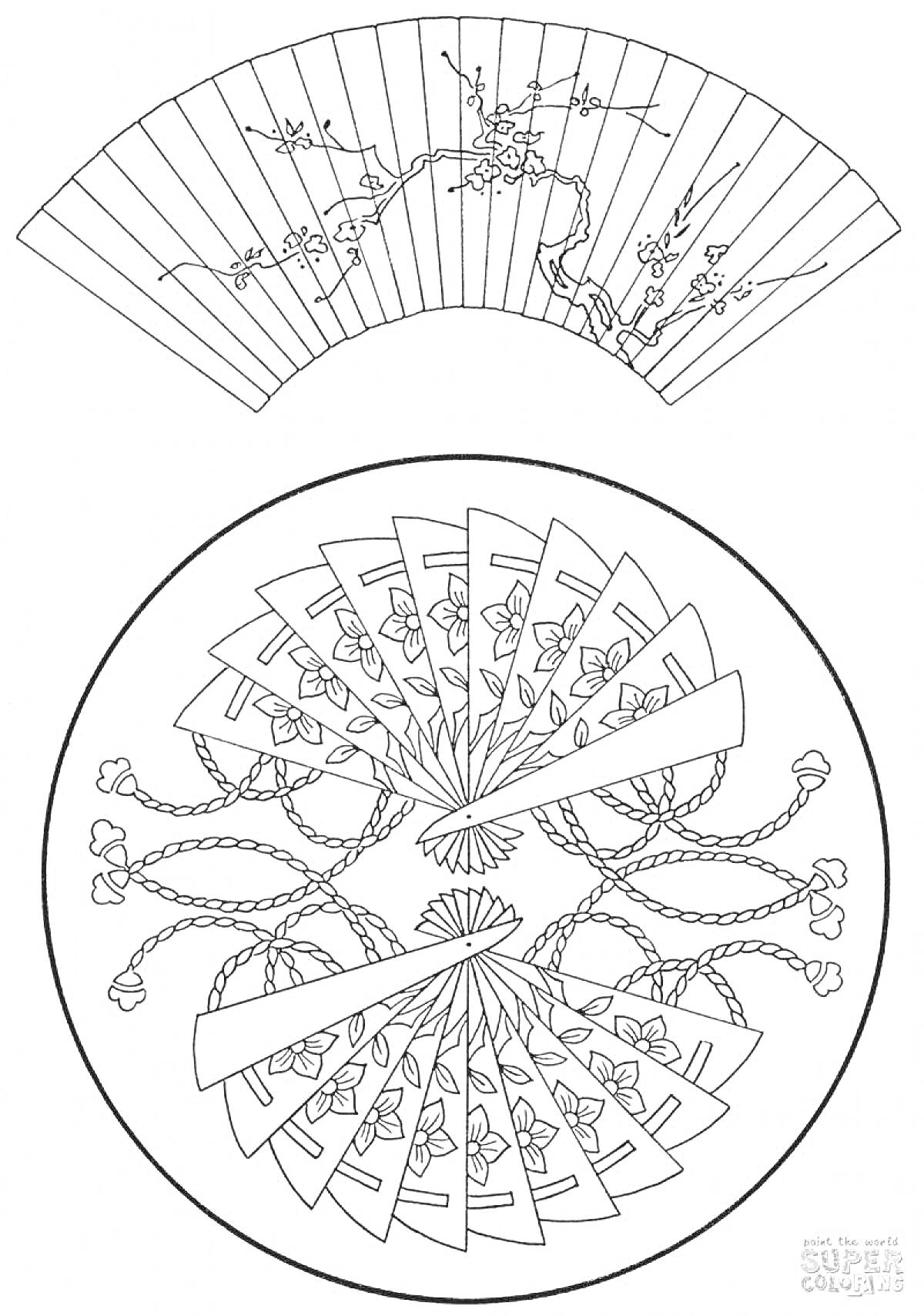 Раскраска Китайский веер с цветущими ветвями и декоративными кисточками