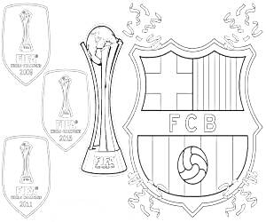 Эмблема барселонского футбольного клуба с трофеями FIFA 2009, 2011, 2015