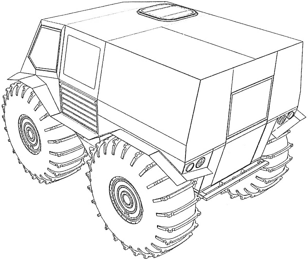 На раскраске изображено: Вездеход, Большие колеса, Люк, Дверь, Внедорожник, Транспорт, Техника