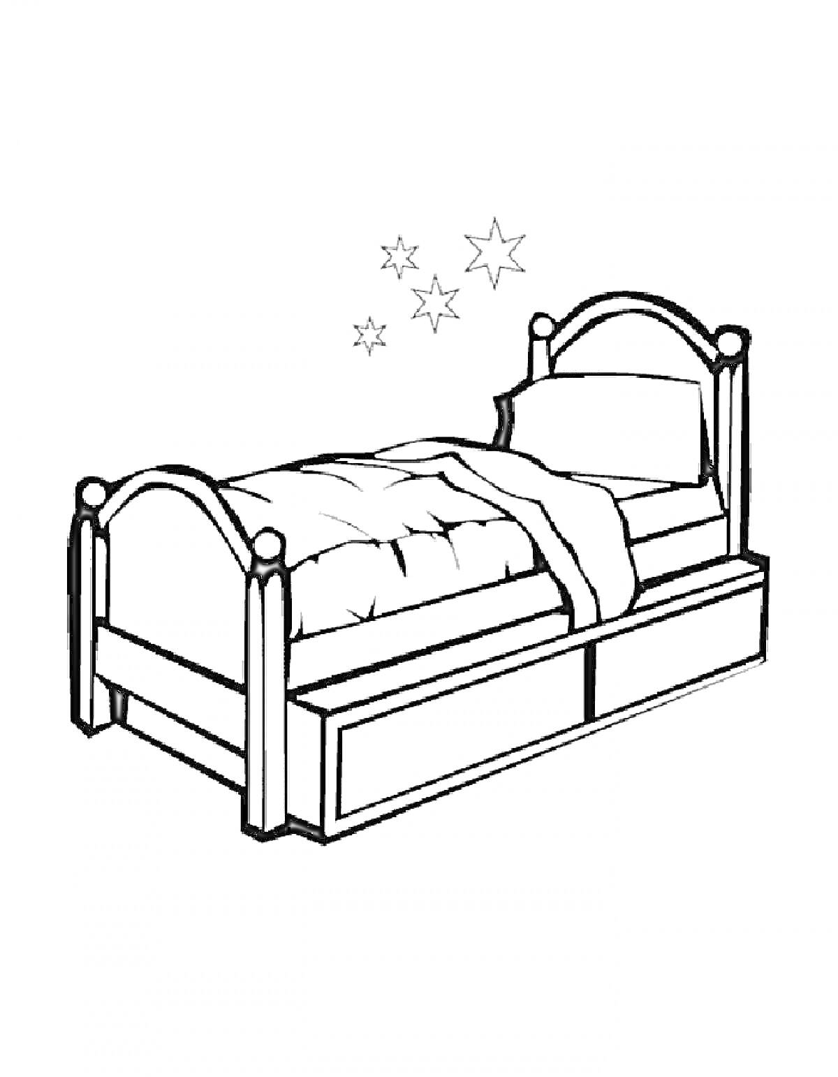 На раскраске изображено: Подушка, Одеяло, Мебель, Звезды, Спальня, Сон, Кровати