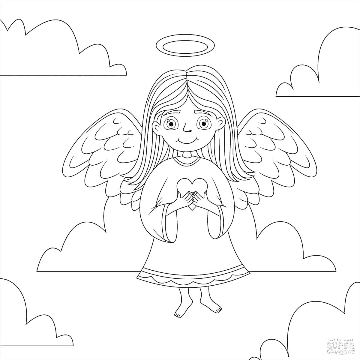 На раскраске изображено: Ангел, Девочка, Нимб, Крылья, Облака, 3-4 года