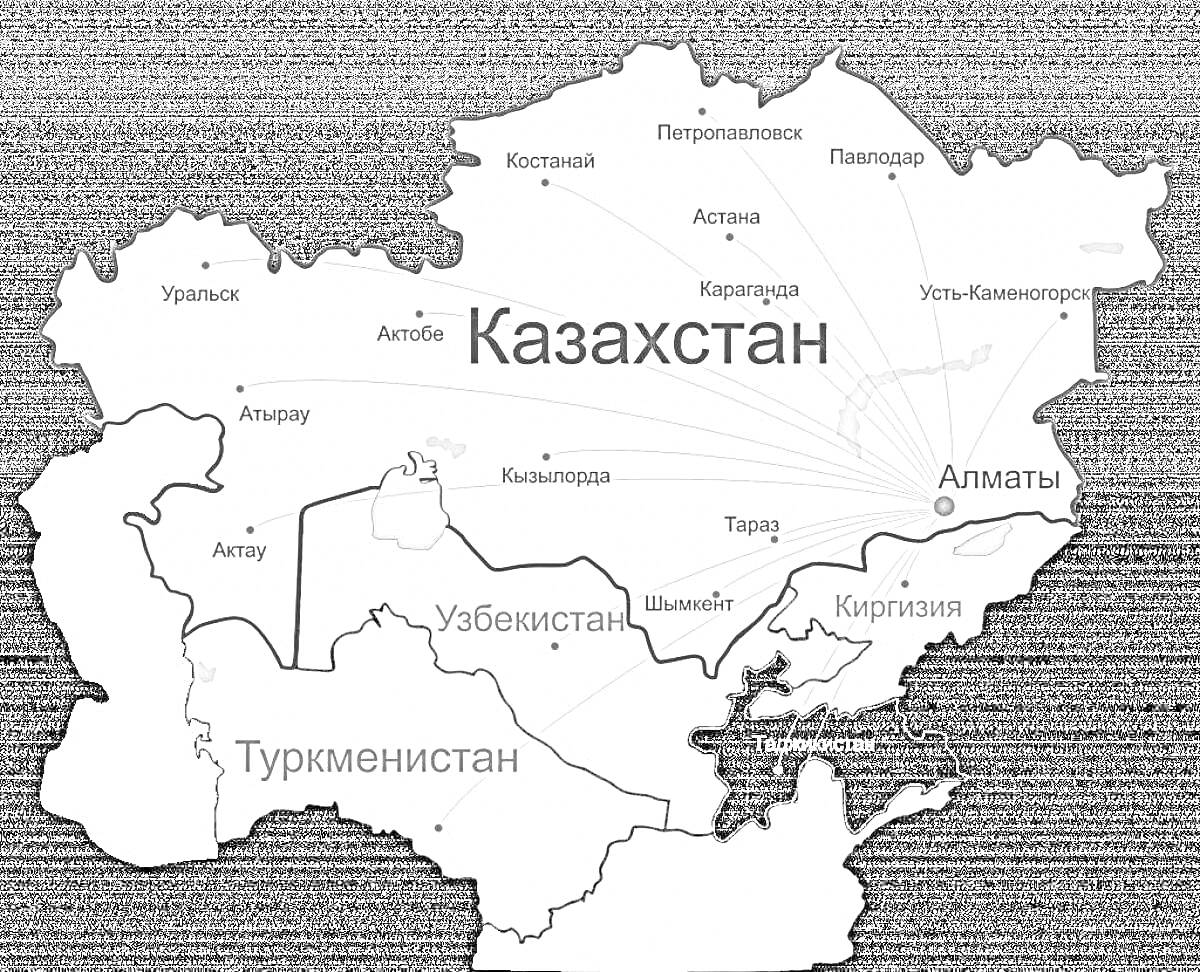 На раскраске изображено: Казахстан, Карта, Города, Границы, Астана, Узбекистан, Россия, Китай