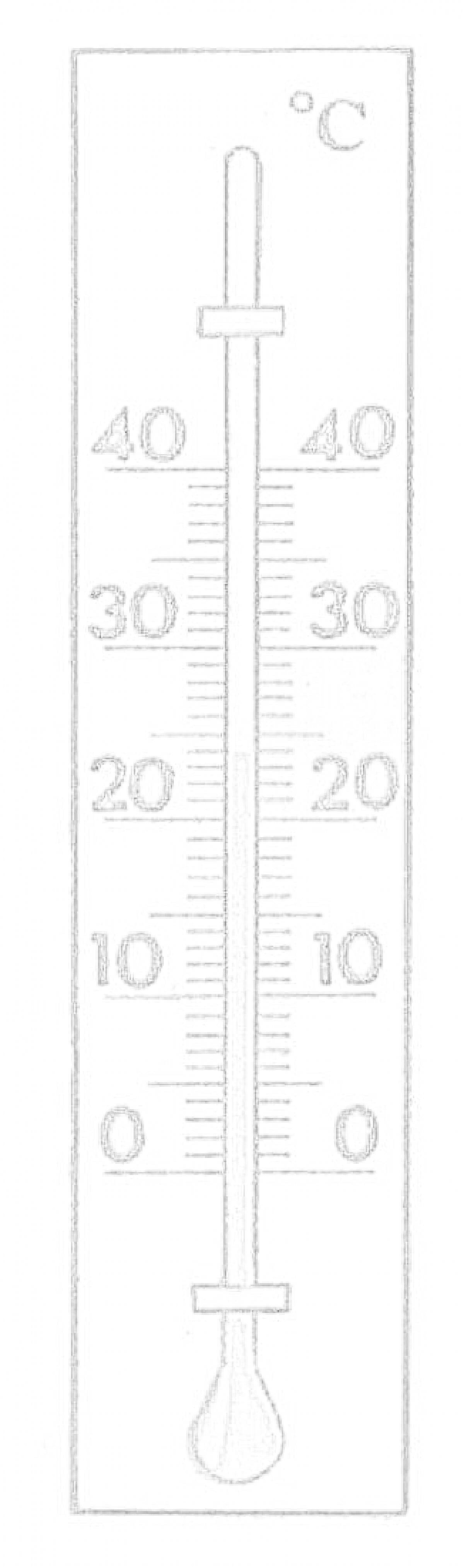 Раскраска Термометр с делениями и метками температуры по Цельсию от 0 до 40 градусов