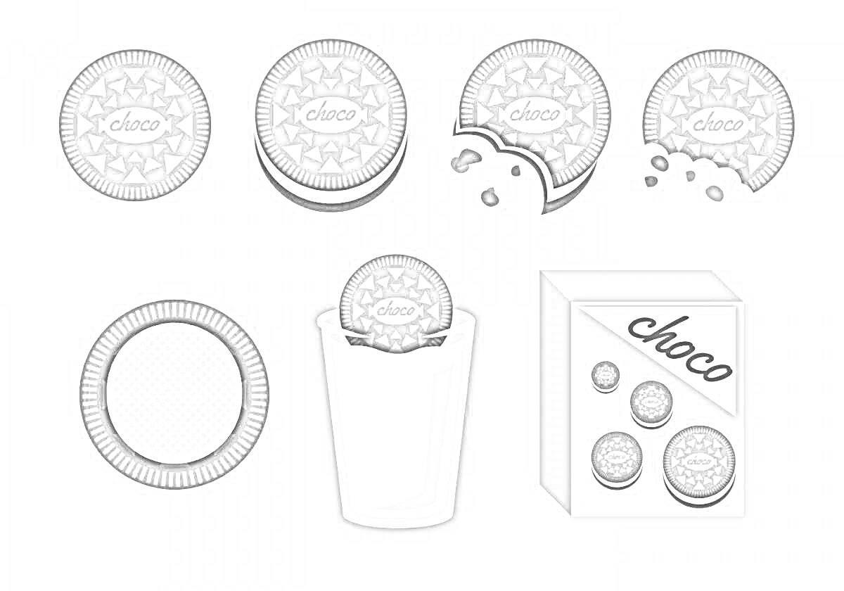 Раскраска Раскраска печенья Oreo и элементы: целое, с начинкой, надкусанное, с крошками, в стакане, упаковка
