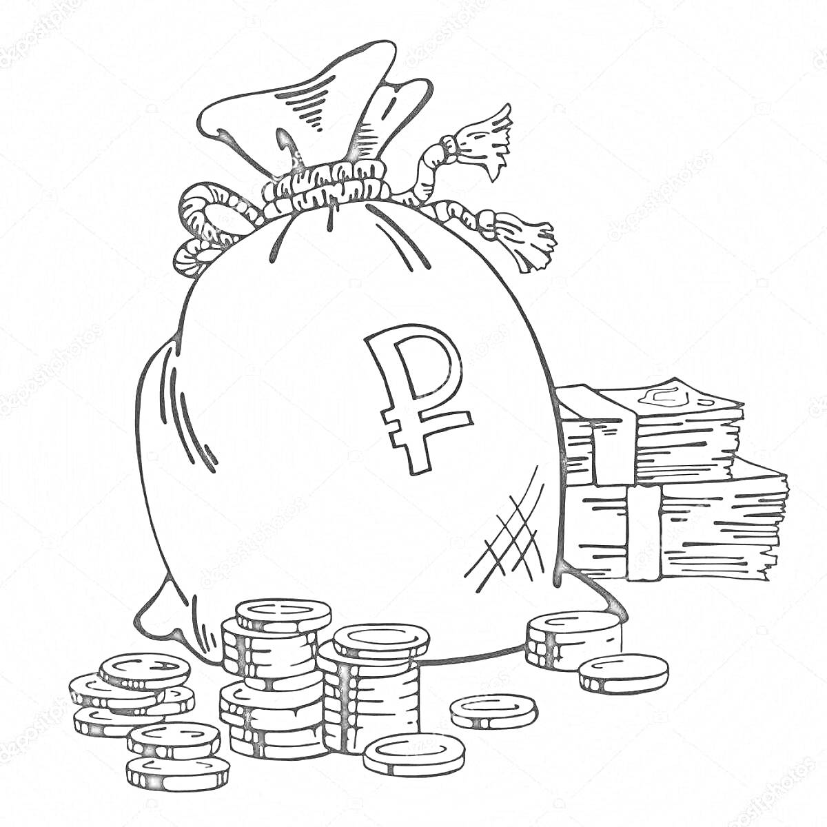 На раскраске изображено: Деньги, Монеты, Наличные, Валюта, Рубль, Кража, Финансы