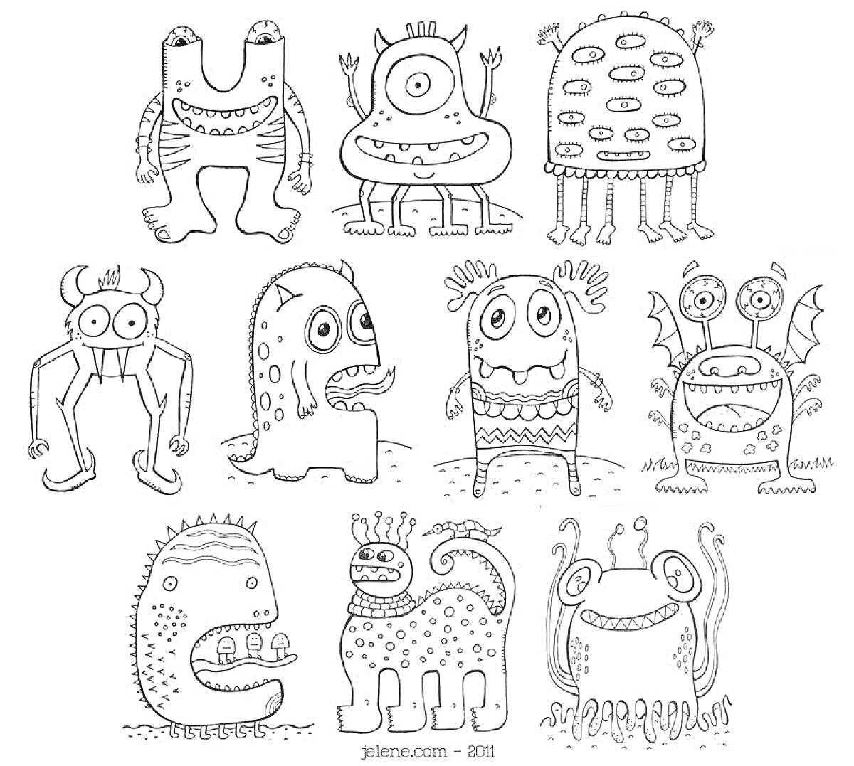 Раскраска Десять монстров с разными формами и выражениями