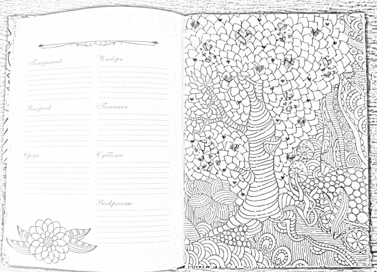 На раскраске изображено: Ежедневник, Антистресс, Цветы, Узоры, Разделение, Заметки, Планирование