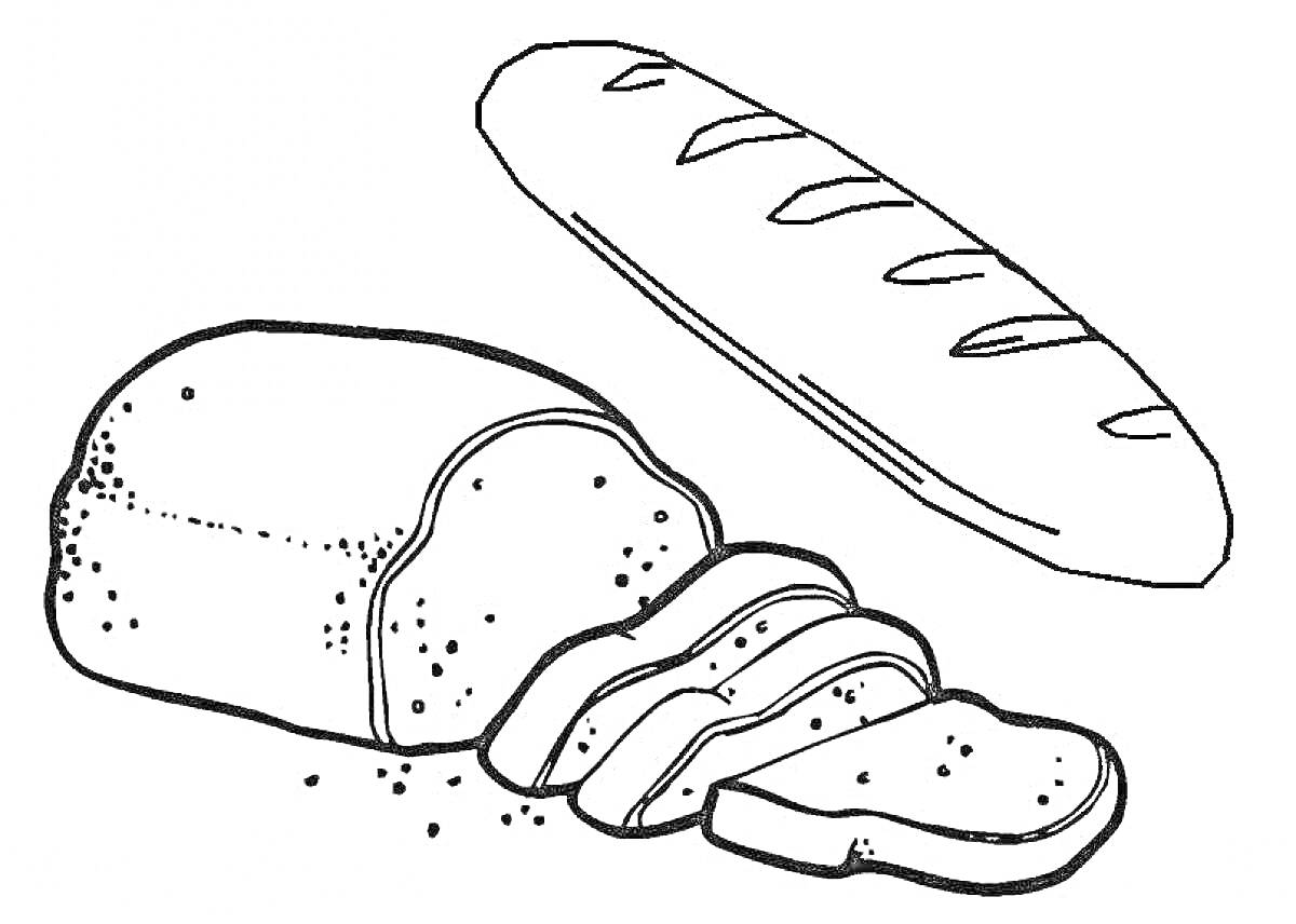 Раскраска Буханка нарезанного хлеба и багет
