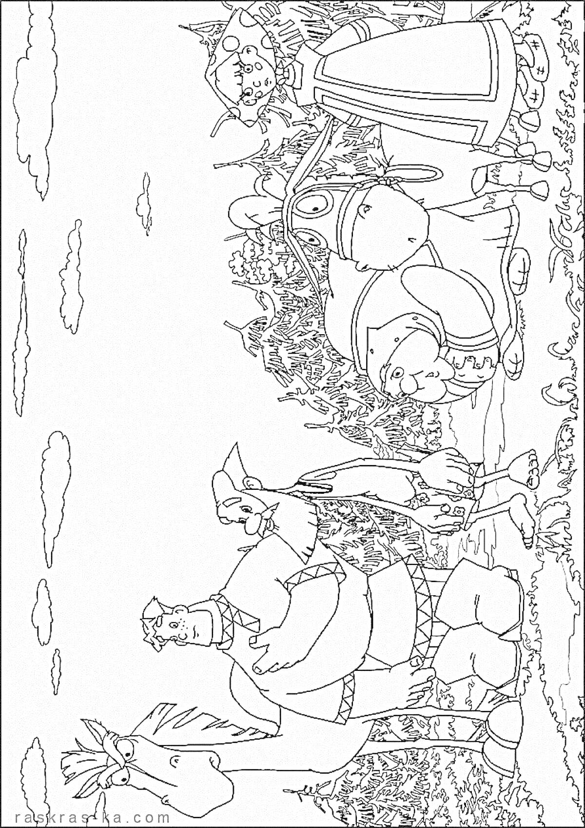 На раскраске изображено: Три богатыря, Верблюд, Кусты, Деревья, Облака, Меч