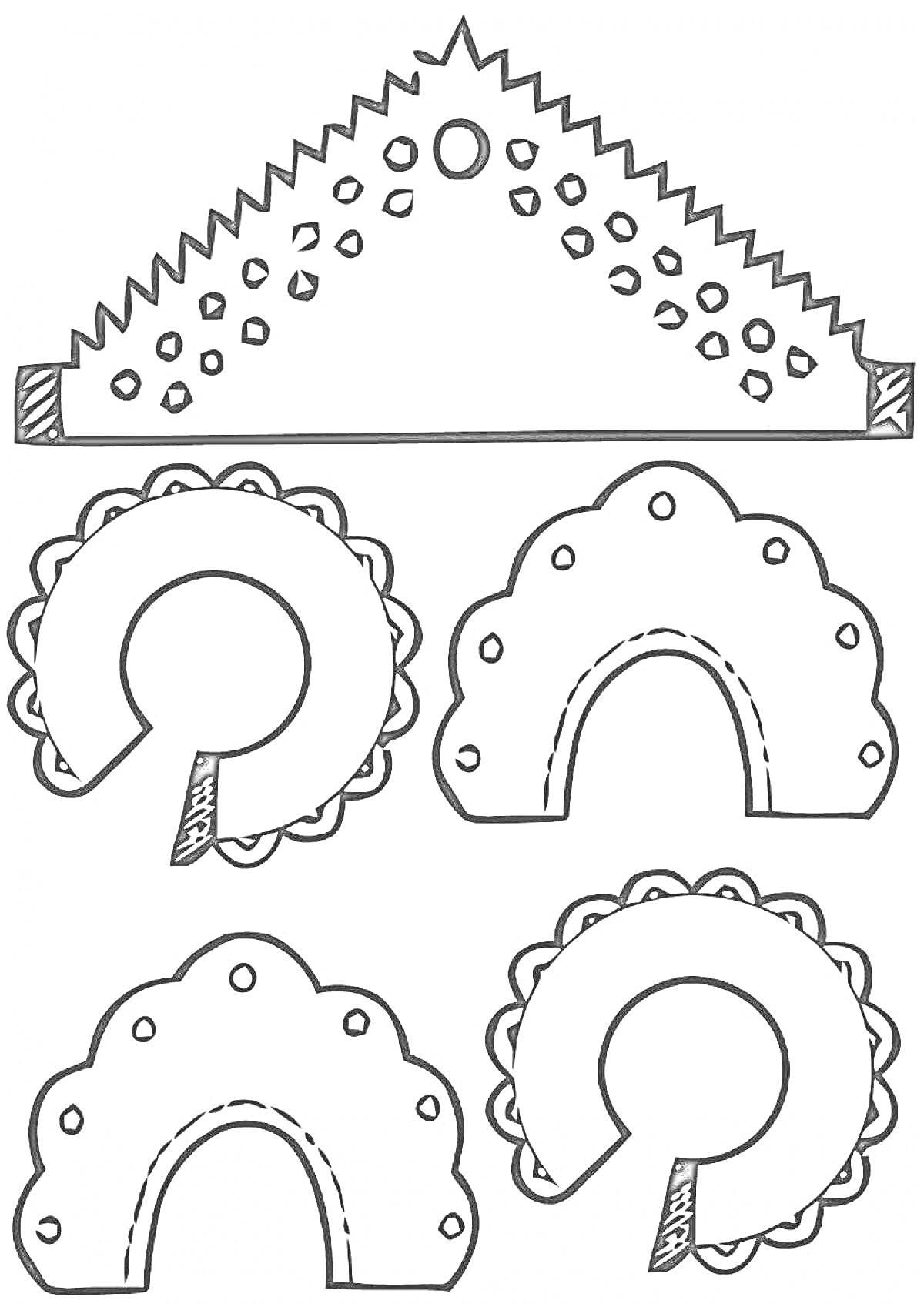 Раскраска Изображение различных типов кокошников с узорами и декоративными элементами