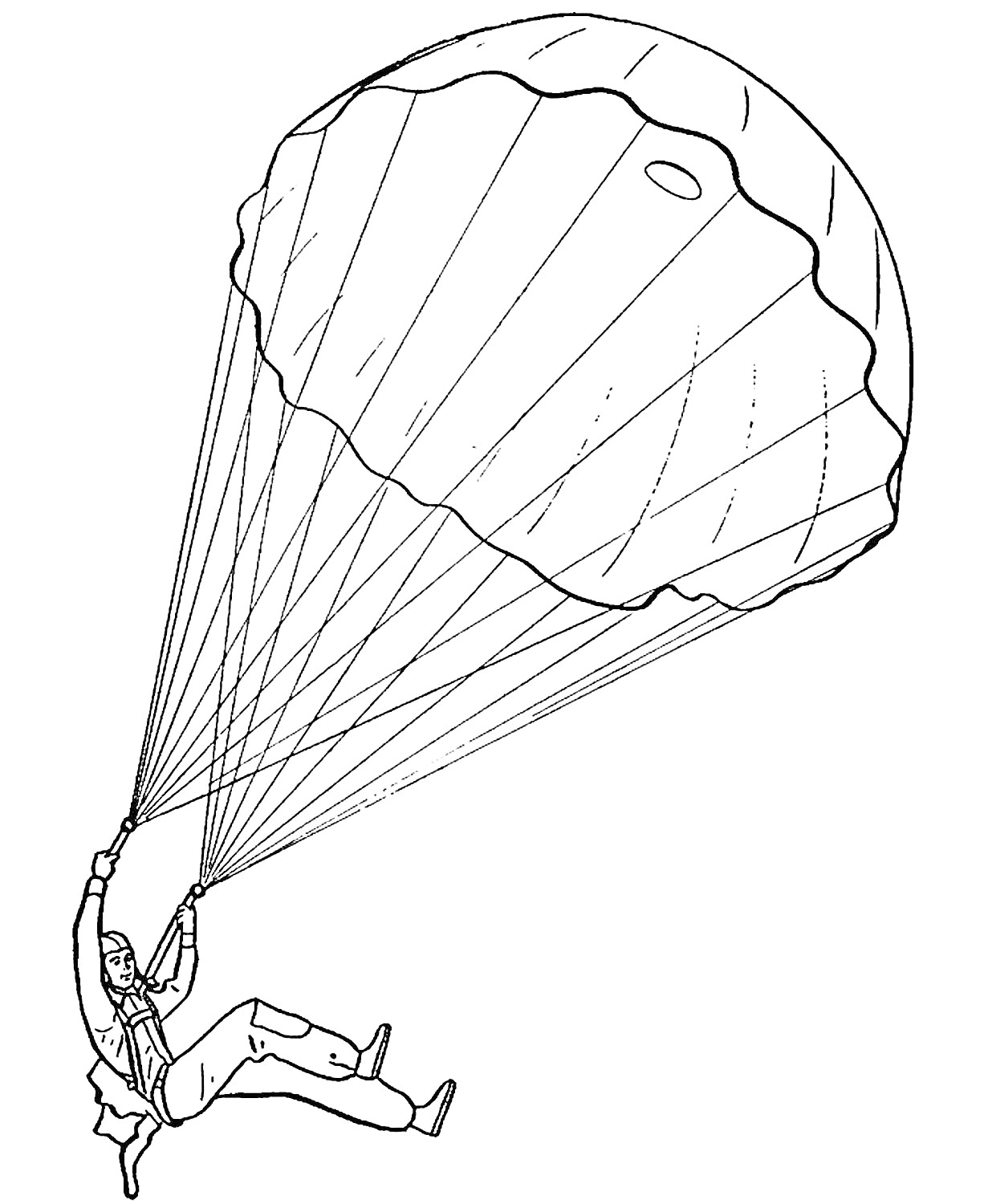 Раскраска Парашютист с открытым парашютом, спускающийся с неба