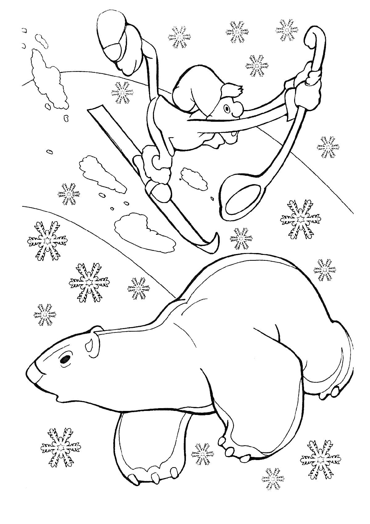 Раскраска Умка на лыжах и медведь, снежинки