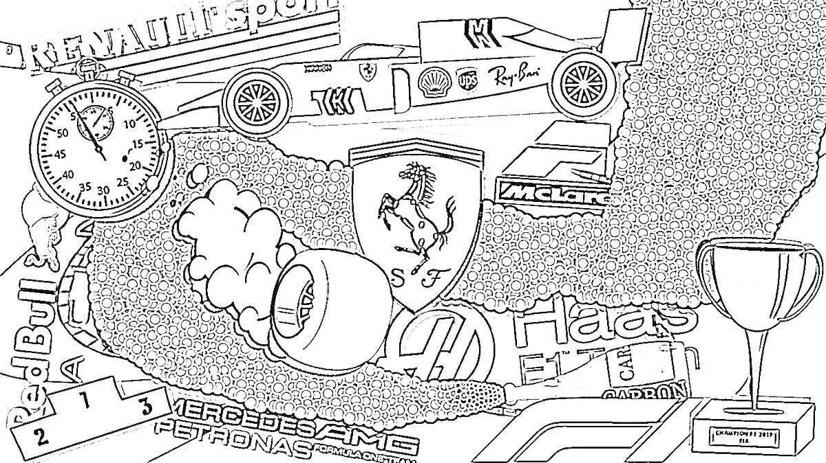 На раскраске изображено: Формула 1, Часы, Руль, Дым, Трофей, Феррари, Авто, Гоночный автомобиль