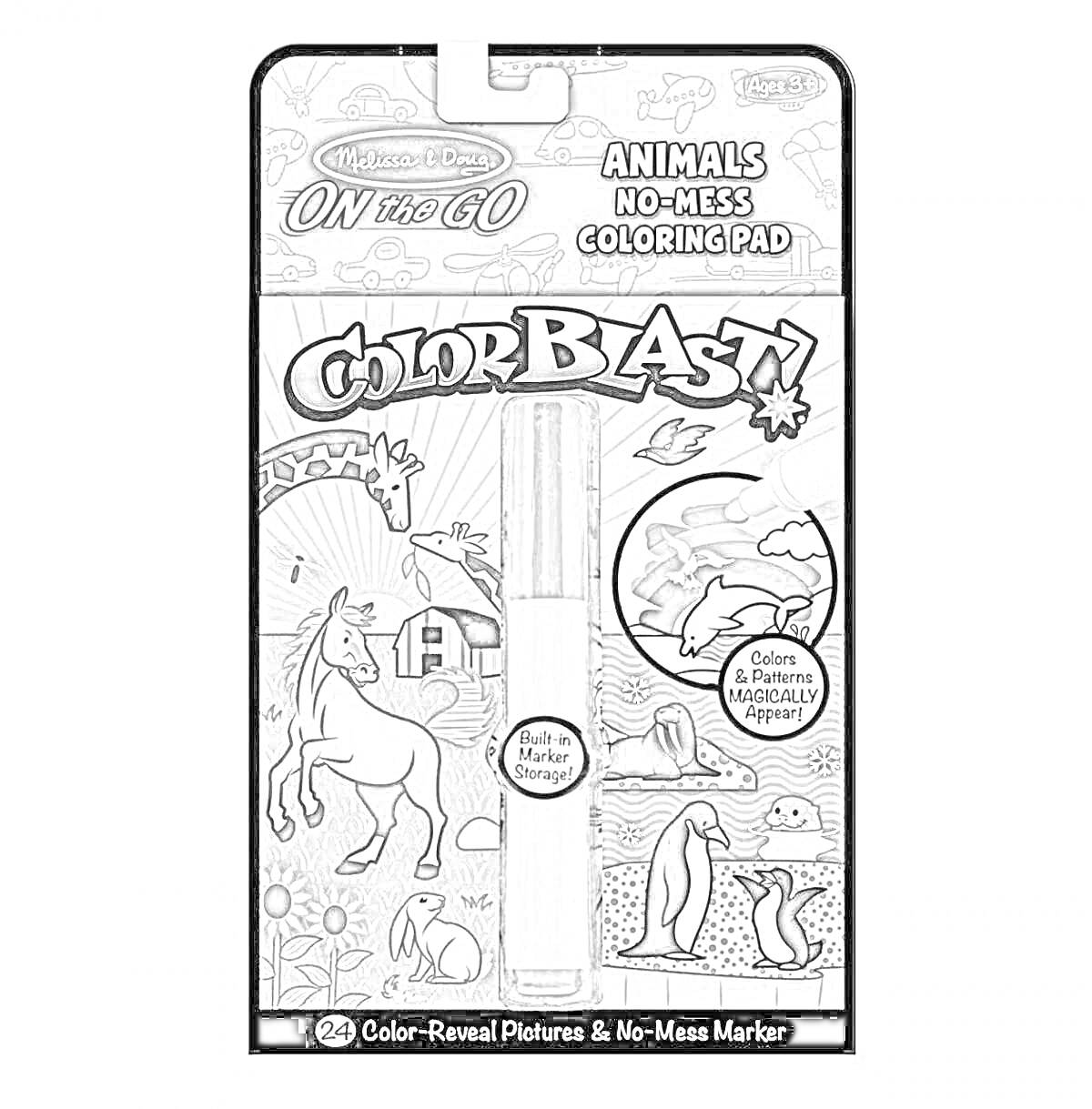 Раскраска Animals No-Mess Coloring Pad Color Blast! от Melissa & Doug (лошади, ферма, пастбище, дерево, животные, лиса, заяц, пингвины, кустарник, птица)