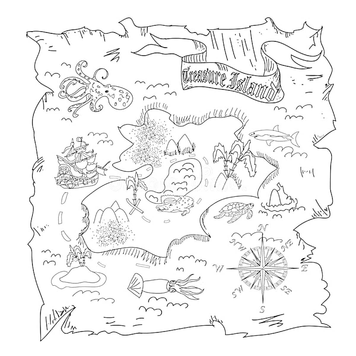 Раскраска Карта Сокровищ с островом, пиратами, кораблем, осьминогом, лодкой, горами, компасом и крабом