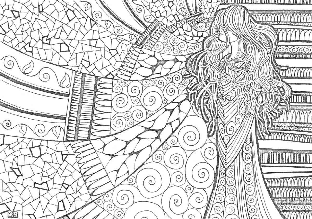 Раскраска Девочка с длинными волосами в орнаментальном платье на фоне абстрактного узора из мозаики и спиралей