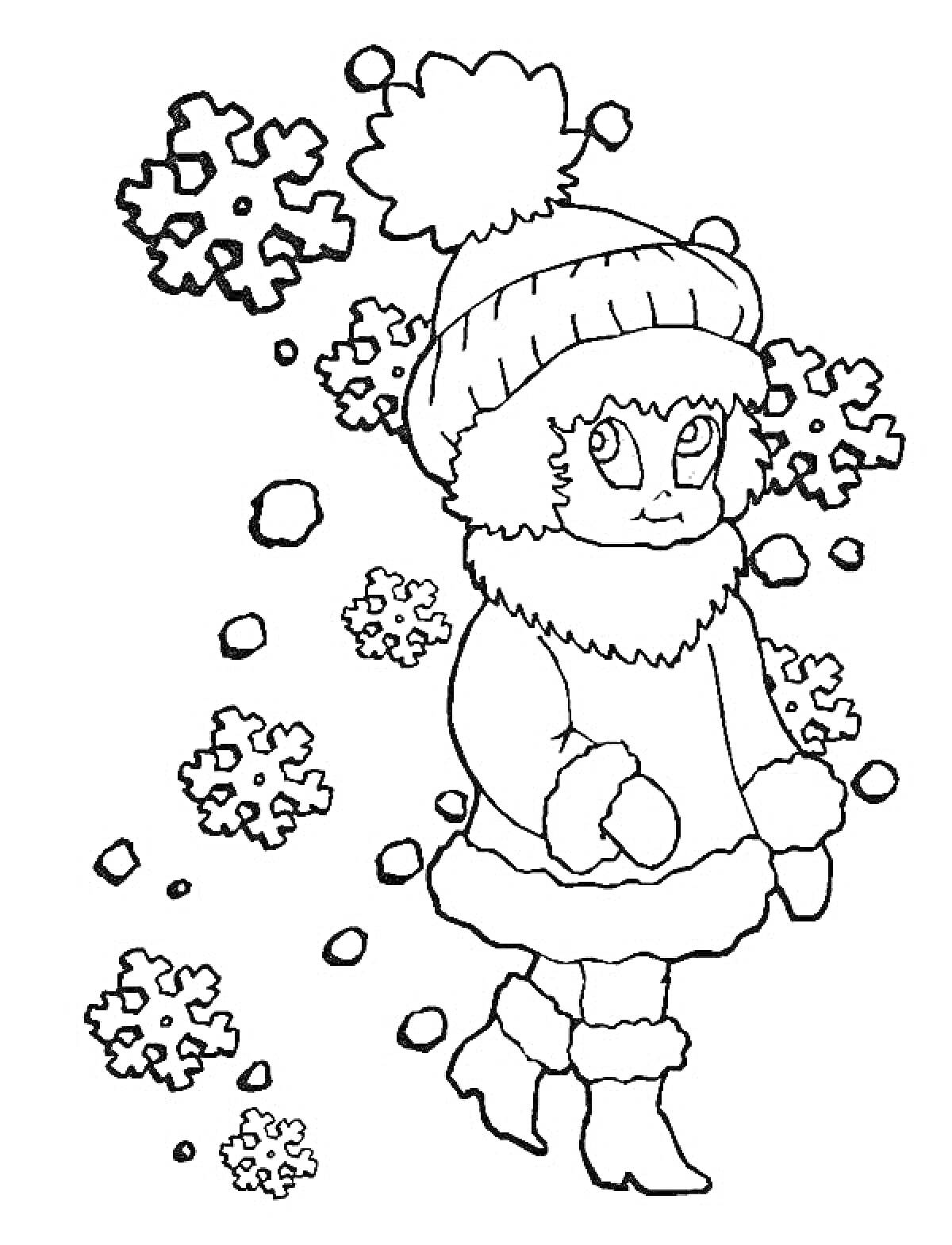 Раскраска Девочка в шубе и шапке с помпоном, окруженная снежинками