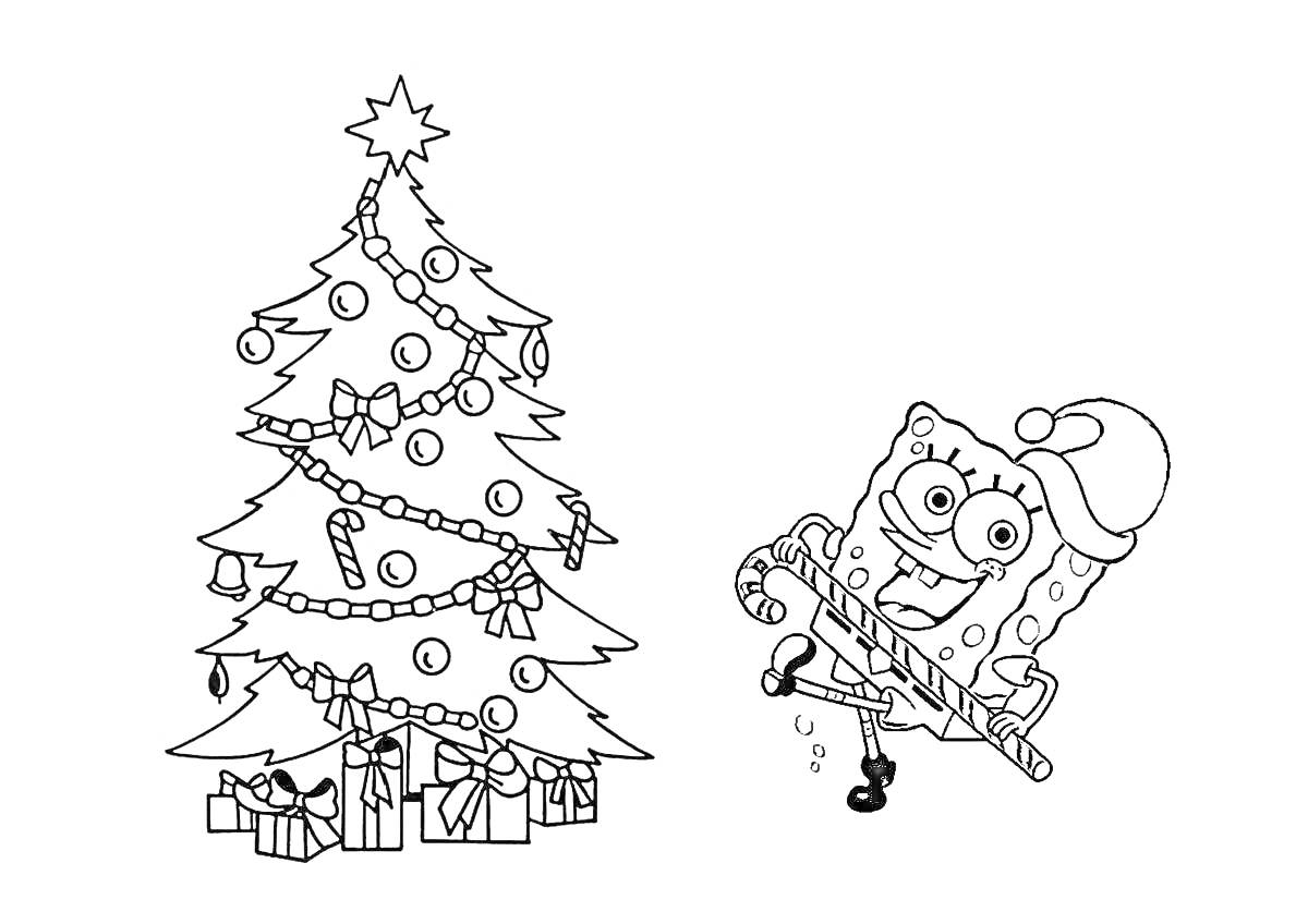 Новогодняя ёлка с украшениями и подарками, герой мультфильма в шапке Санты с леденцом