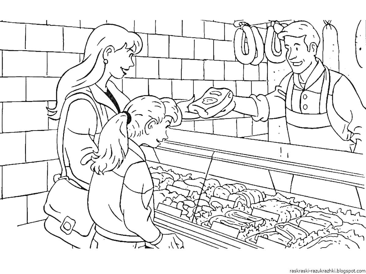 Раскраска Женщина с ребенком у прилавка мясного магазина