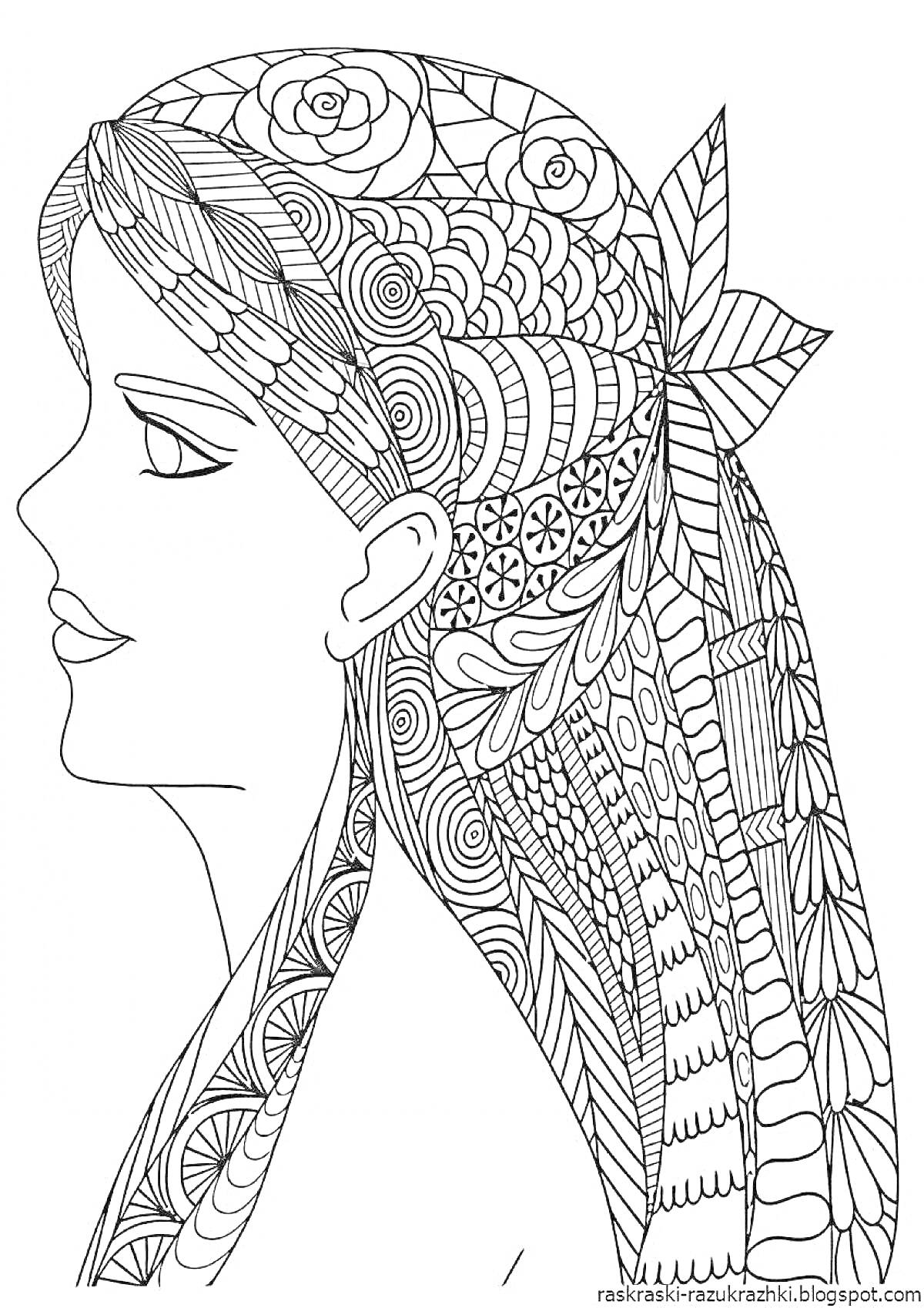 Раскраска Девочка с длинными волосами, украшенными узорами и цветами