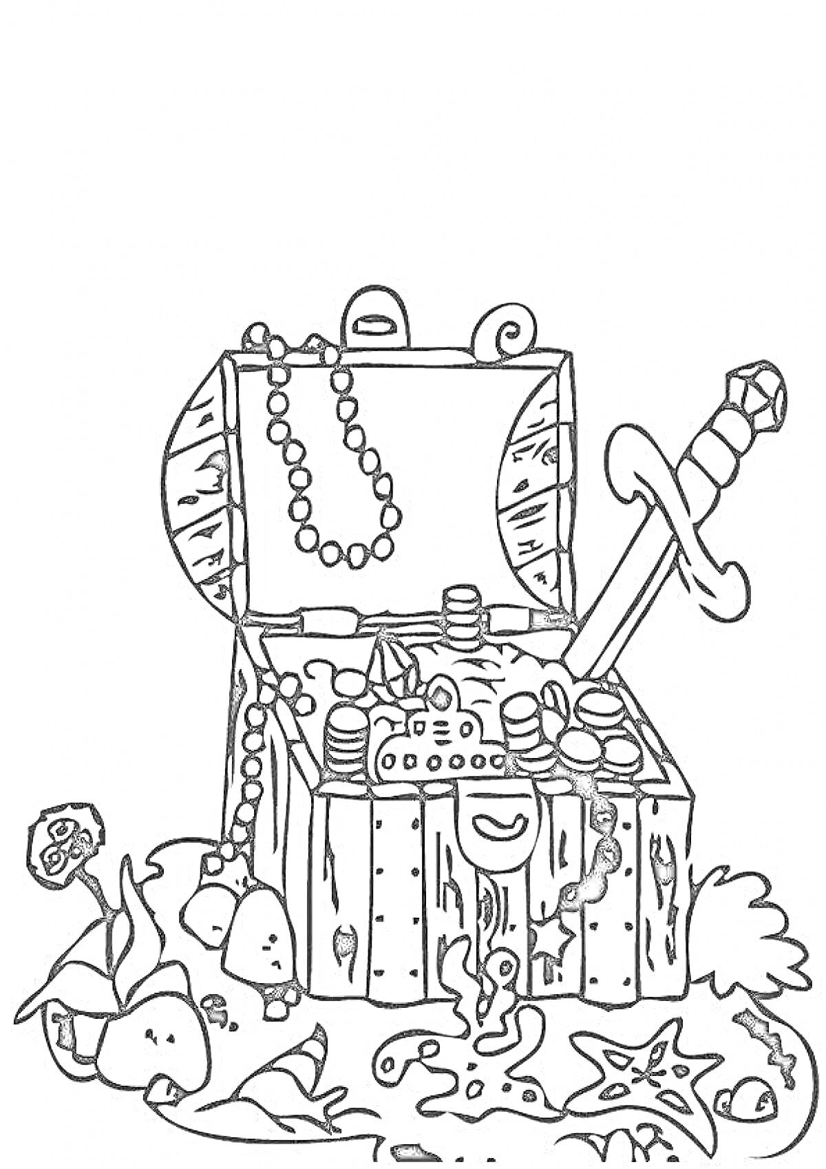 На раскраске изображено: Сундук с сокровищами, Монеты, Драгоценности, Меч, Морские звезды, Цветы, Водоросли, Пиратский сундук