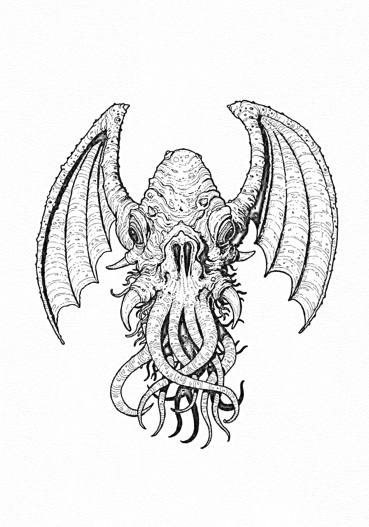 Раскраска Существо с крыльями и щупальцами в стиле Лавкрафта