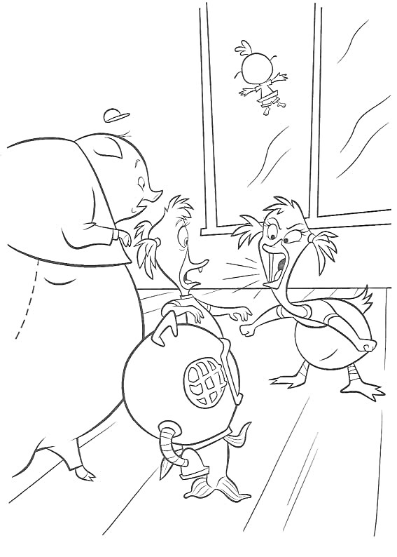 Раскраска Свинка, курица и утка возле окна с летающим цыпленком