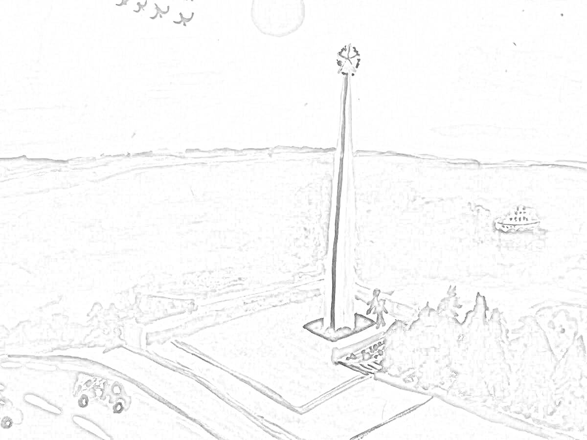 Раскраска Памятник, ракеты в небе, деревья, дорога, автомобили