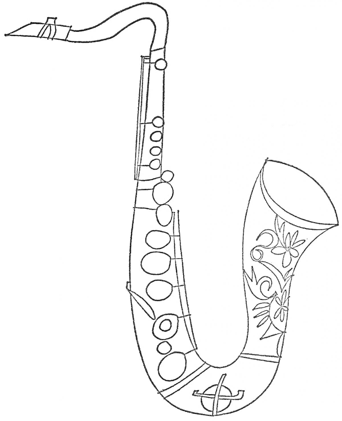 На раскраске изображено: Саксофон, Музыкальный инструмент, Узоры, Детали, Искусство, Контурные рисунки