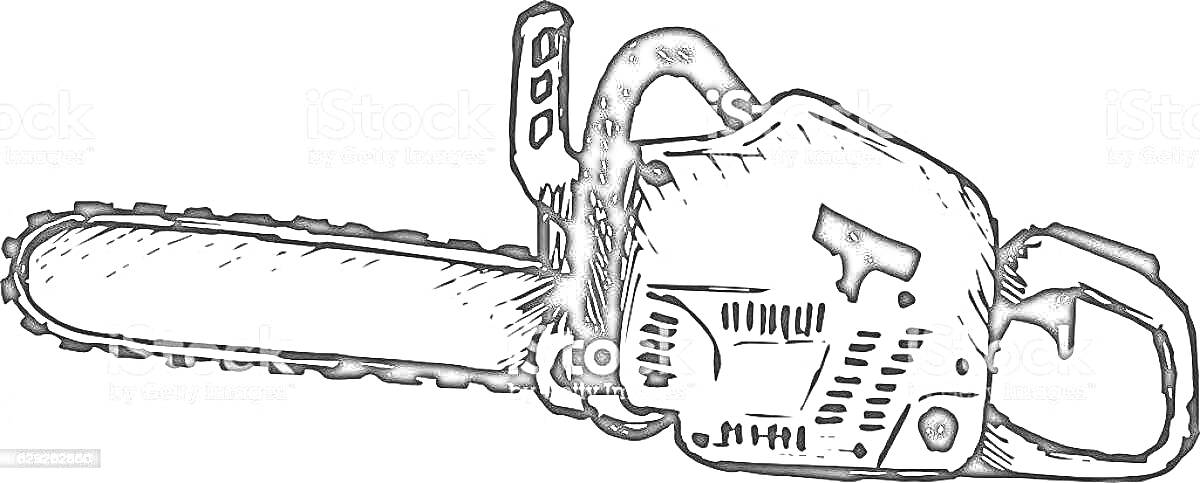 Раскраска Бензопила с цепью, передняя и задняя ручки, корпус двигателя