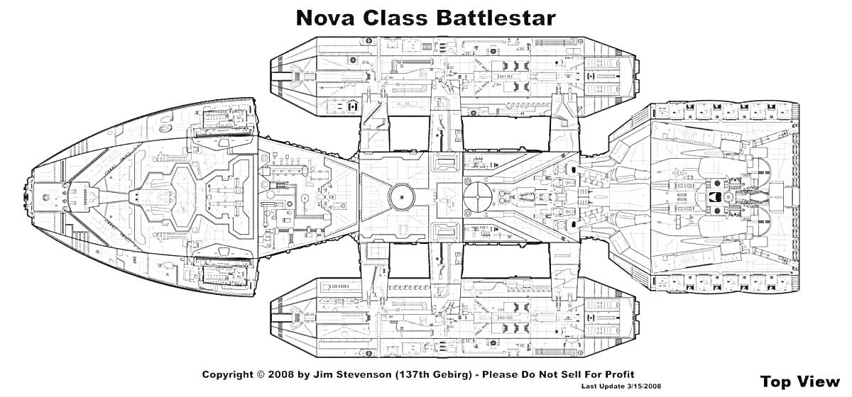 Раскраска Nova Class Battlestar (вид сверху) с деталями корабля и элементами конструкции