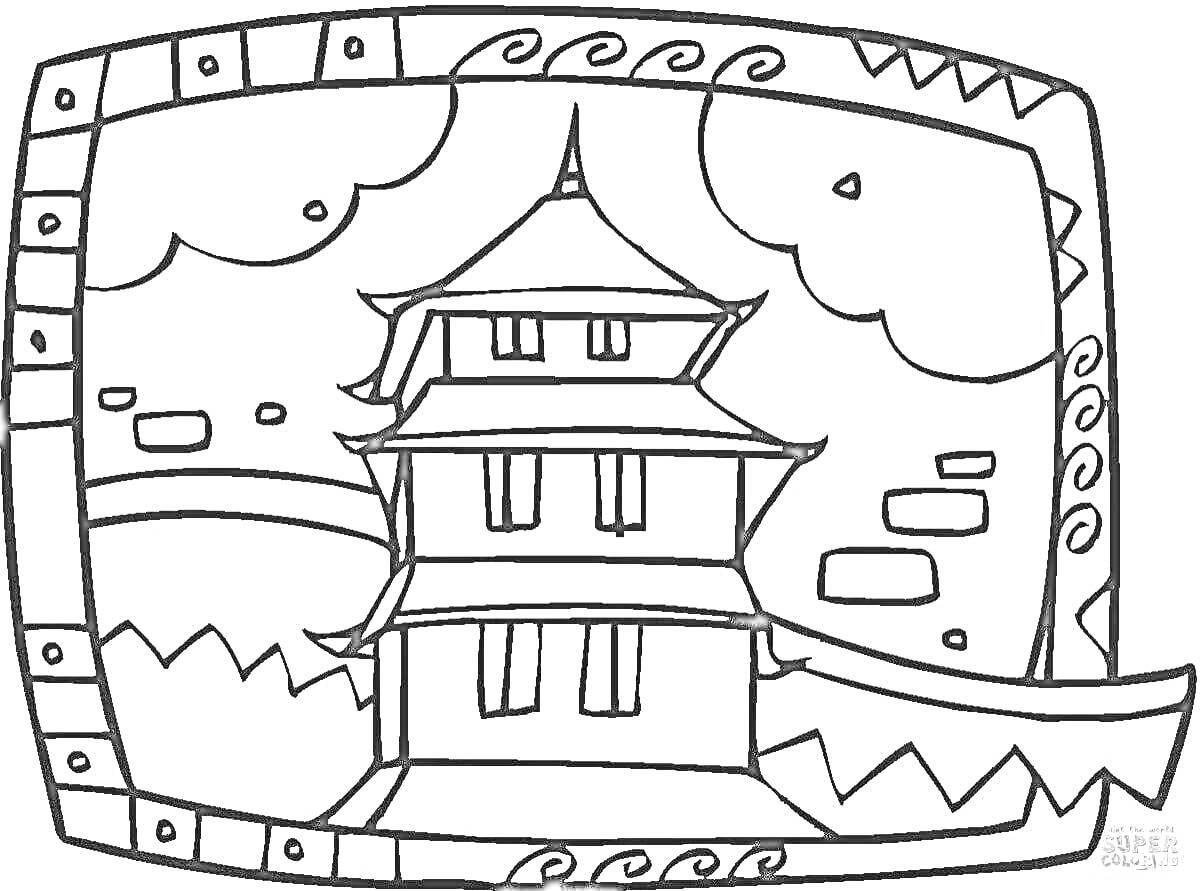 Раскраска Традиционный японский замок на фоне облаков и гор, в декоративной рамке