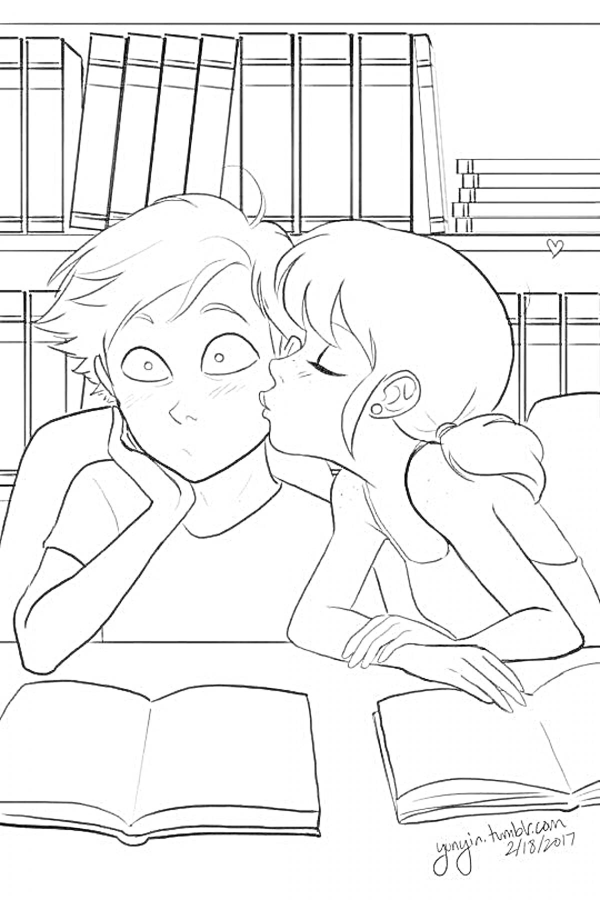 РаскраскаМаринетт целует Эдриана за столом с книгами на фоне книжных полок