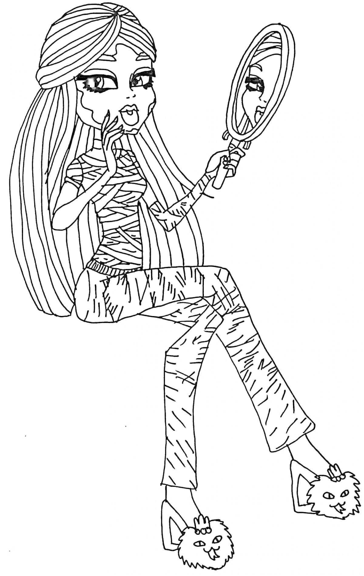Раскраска Мумифицированная девушка из Монстр Хай с длинными волосами, держащая зеркало в одной руке и сидящая, обутая в тапочки с мордочками зверей
