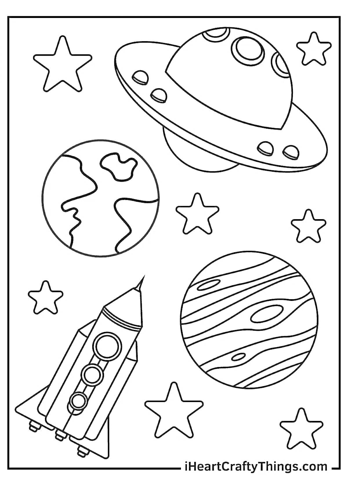 Раскраска Ракета, космические корабли, планеты и звезды в космосе