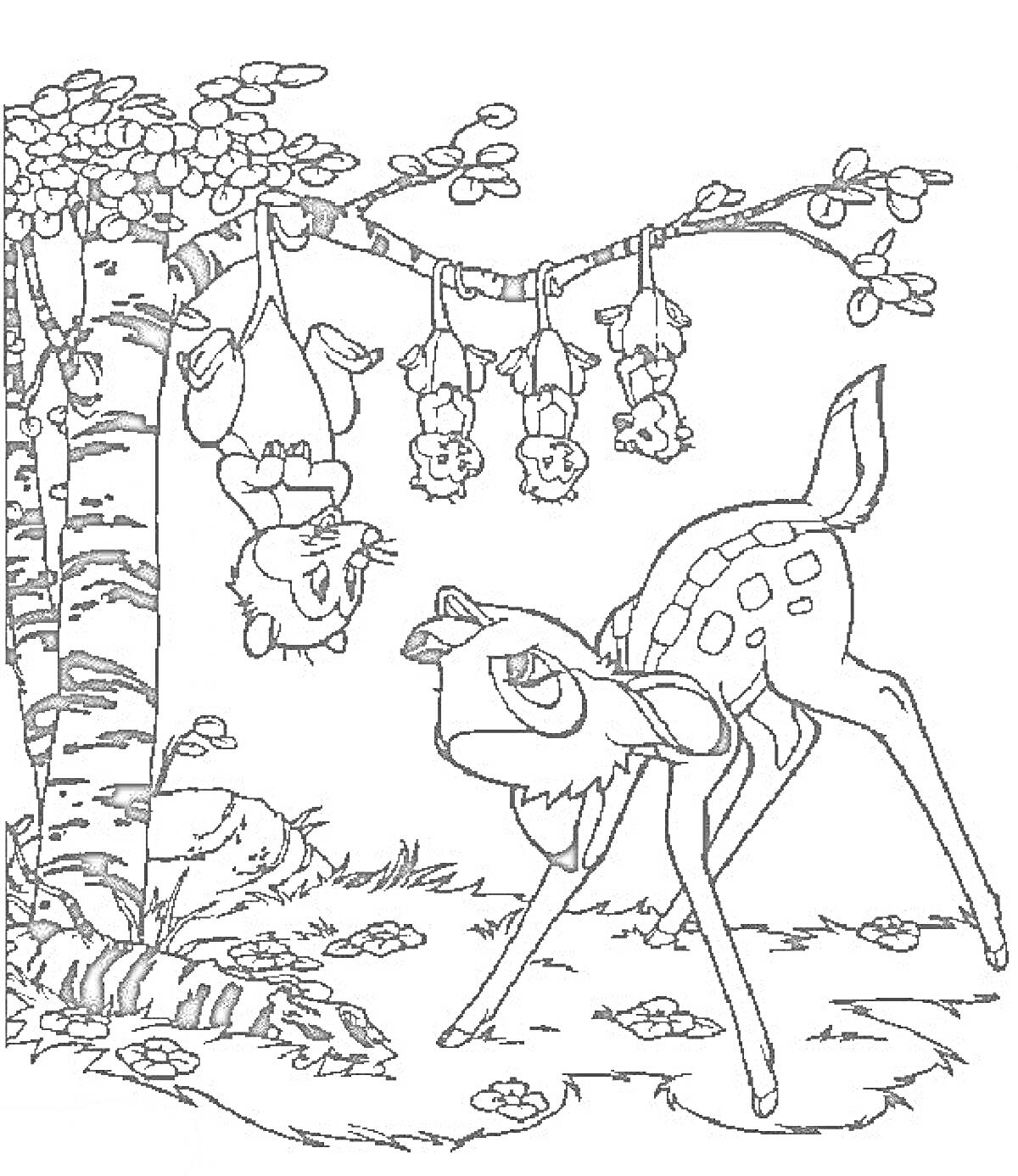 Раскраска Бэмби, висящие на ветке совята и деревце
