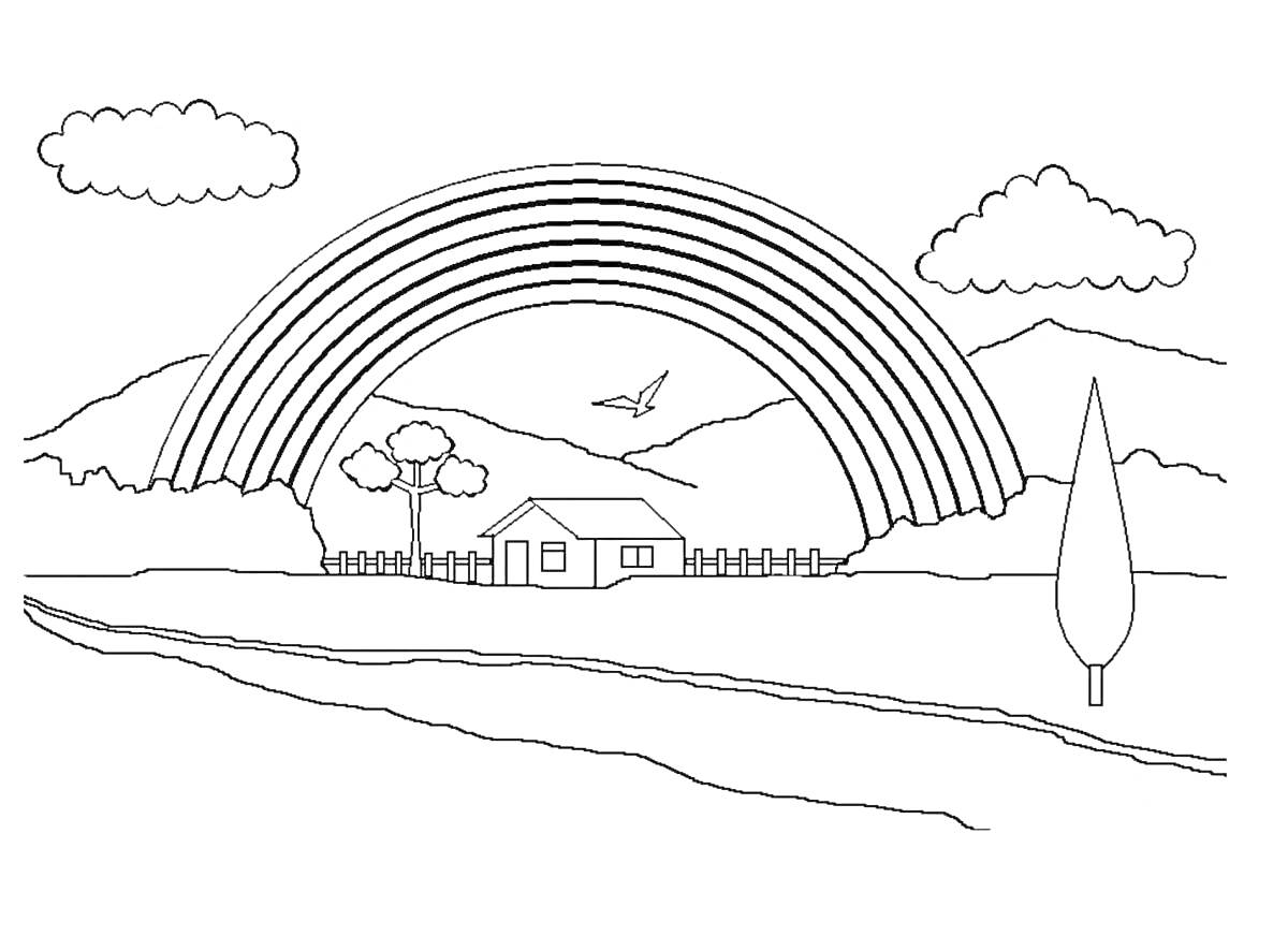 Раскраска Домик у радуги с деревом и птицей на фоне гор