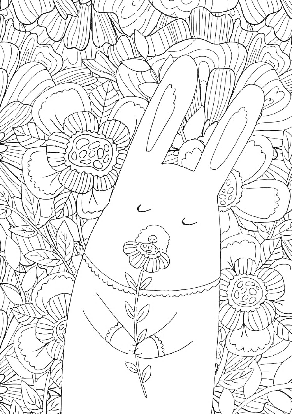 Раскраска Зайчик с цветком среди цветов