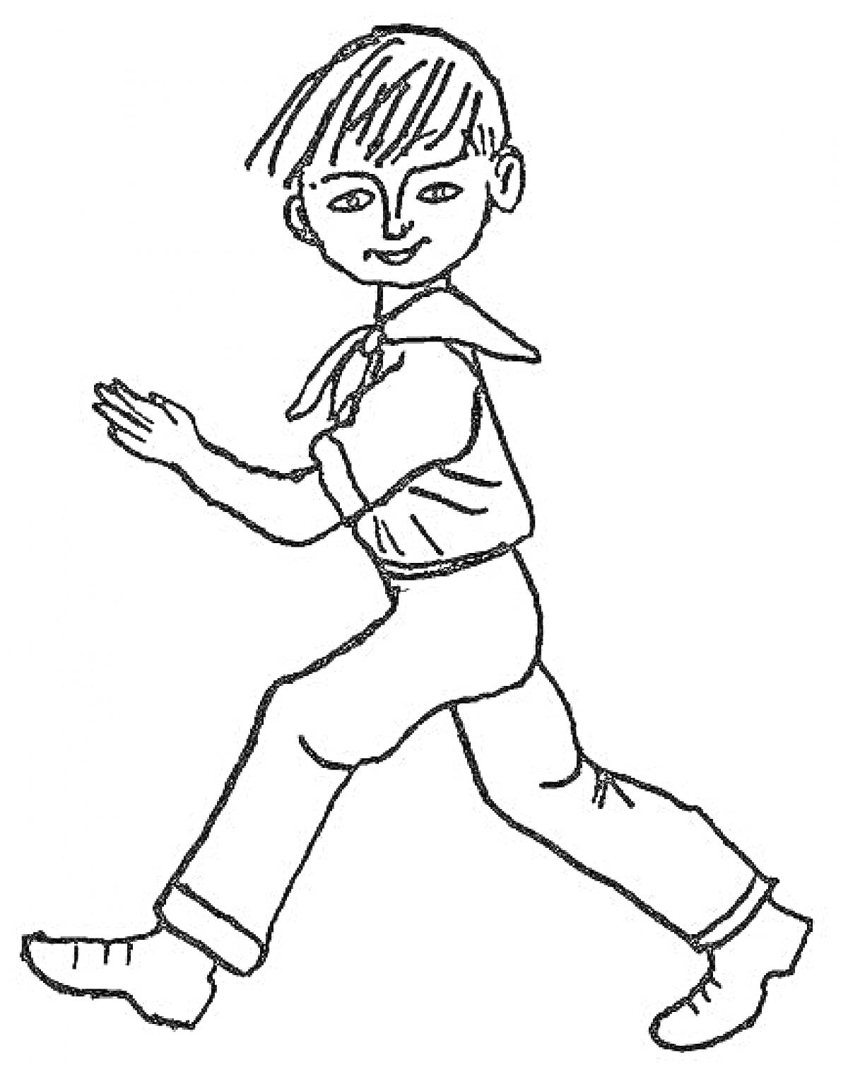 Раскраска Мальчик в костюме с галстуком-бабочкой, шагающий вперед