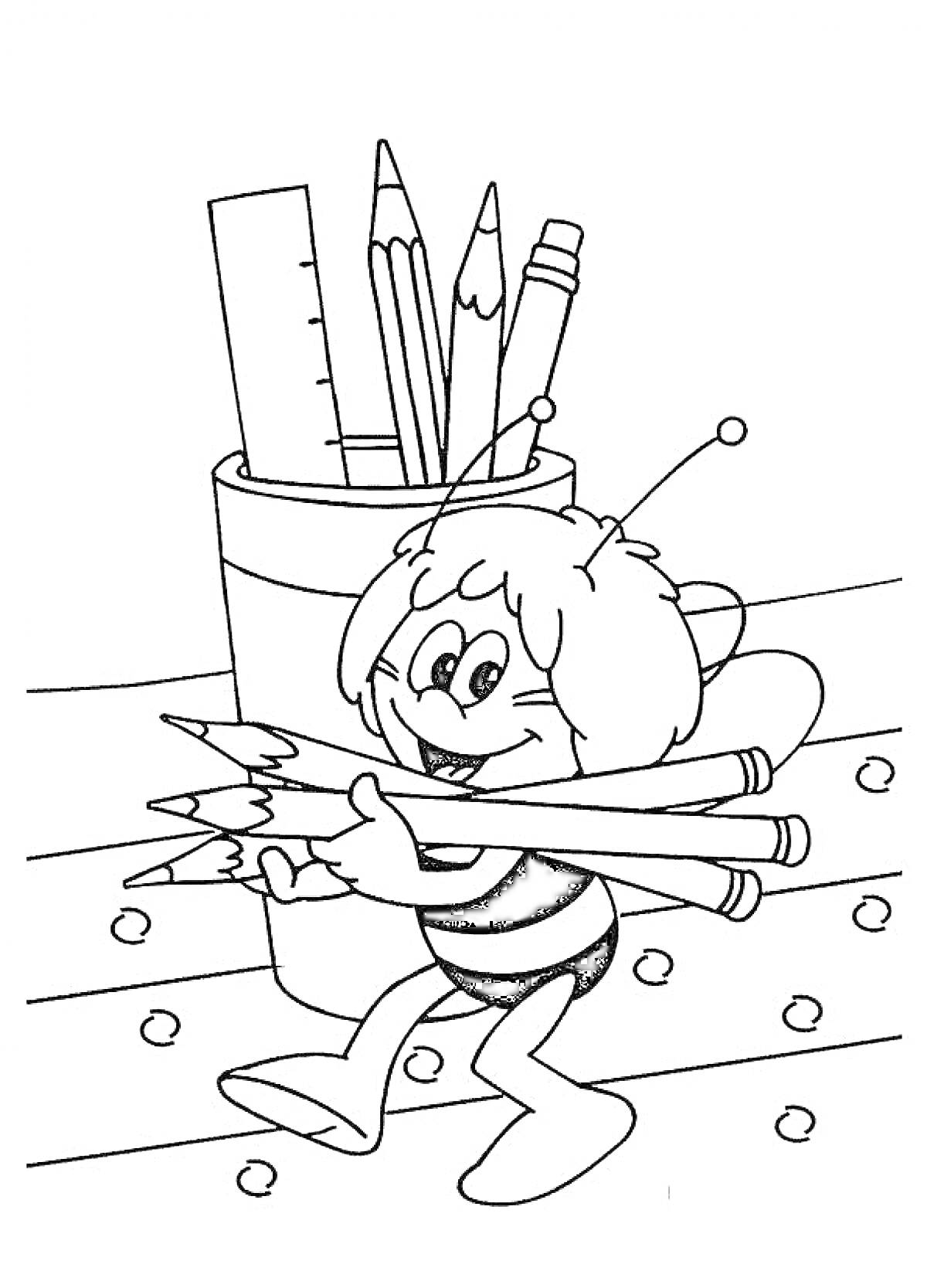 Раскраска Пчёлка несёт карандаши возле стакана с карандашами, линейкой и точилкой