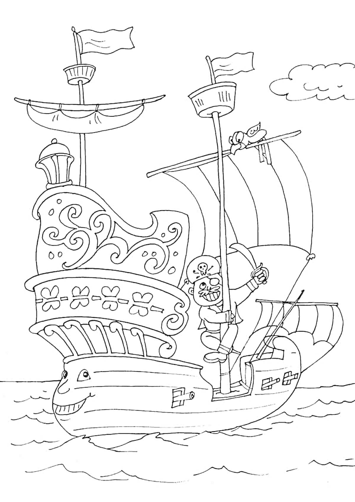Раскраска Пиратский корабль с пиратом, корабельной пушкой, флагами и кошкой на мачте