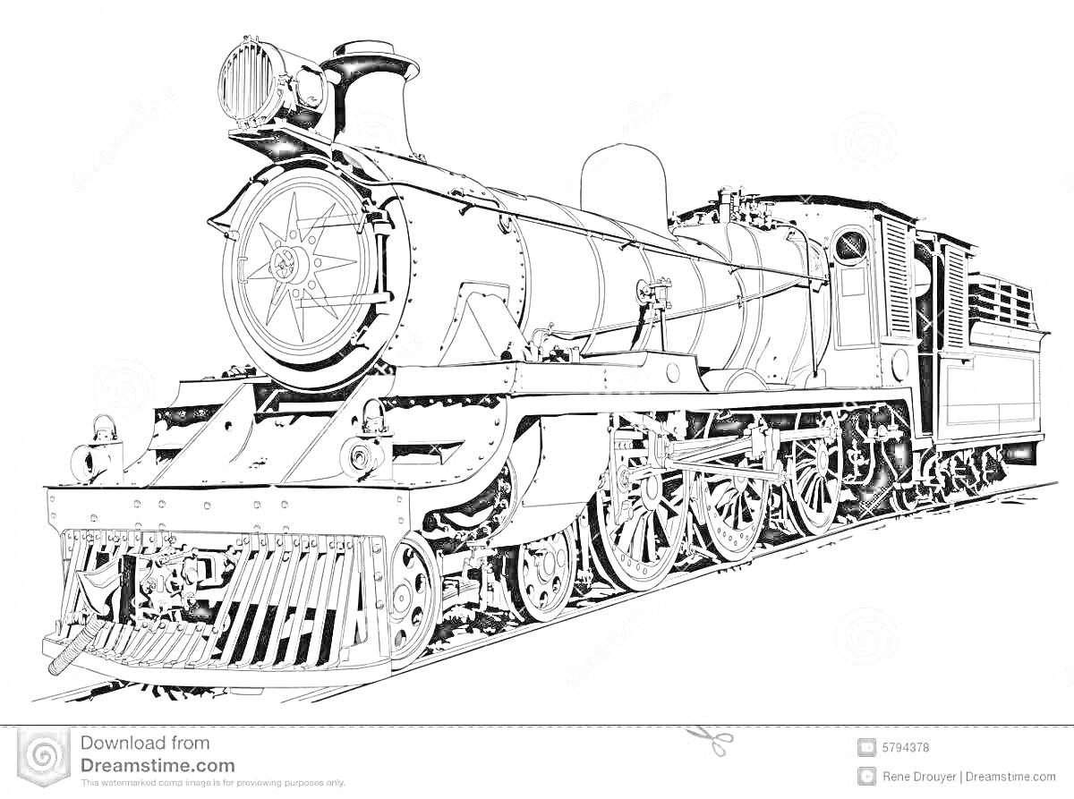 Раскраска Паровоз с элемкнтами парового котла, вентильными механизмами и колесами
